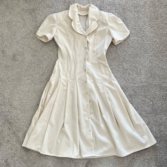 Handmade 1950s Vintage Single Stitch Linen Cream Pleated Button-down Dress - Picture 6 of 11